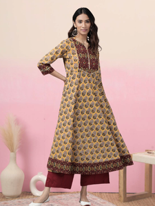 Cotton Cambric Floral Printed Anarkali Kurta Crop <b>Top</b> Flared Pants Co-Ord Set Women's Summer Ethnic Quick Dry Sun Protection - Product Image 4