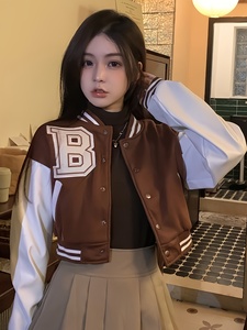Fashion Women Solid <b>Short</b> Winter Stand Collar Varsity <b>Jacket</b> with Wool Blend Body and Custom Embroidery - Product Image 3