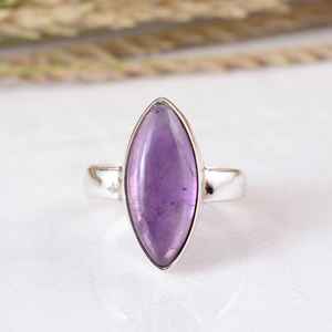 925 Sterling Silver Purple Amethyst Natural Marquise Gemstone Statement <b>Ring</b> Handcrafted <b>Adjustable</b> Band Jewelry Unisex Boho - Product Image 1