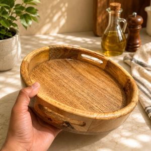 Bandeja Redonda de Madera para Servir con Asas, Diseño Minimalista, un Solo Compartimiento, Bandejas de Almacenamiento para Cocina, Acabado Natural - Product Image 2