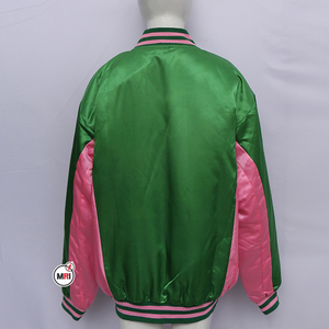 Chaqueta de satén verde y rosa con cuello vuelto, cierre de cremallera, bloques de color en contraste, manga larga, para mujer, ropa de otoño, OEM - Product Image 2