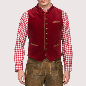 Gilet d'hiver formel pour homme en velours rouge à col mandarin, simple boutonnage, couleur unie avec fermeture boutonnée - Product Image 5
