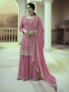 Ensemble haut et palazzo rose pâle avec dupatta, broderie de fils et sequins, style designer Chinon 72544 - Product Image 1