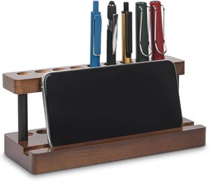Porte-stylos en bois pour bureau, support de présentation pour stylos à plume avec 9 fentes et support pour téléphone, organisateur de stylos - Product Image 1