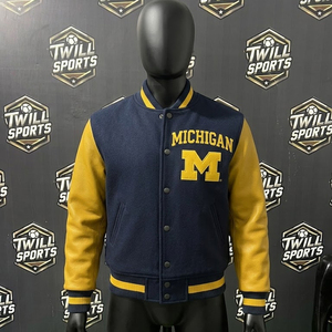 Custom for Navy Blue <b>Yellow</b> Men's Winter Varsity Letterman Jacket <b>Wool</b> Body Leather Sleeves College Team Sport Bomber - Product Image 3