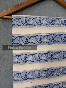 Tela de Algodón 100% Puro Estampada a Mano con Diseño Floral Azul y Rayas para Confección de Prendas al por Mayor - Product Image 4