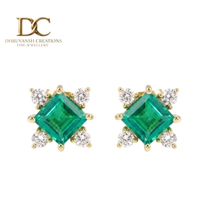 IGI Certified 14KT Solid Yellow Gold Lab Grown Diamond and Colombian <b>Emerald</b> <b>Stud</b> <b>Earring</b> Square Cut Designer Jewelry for Women - Product Image 1
