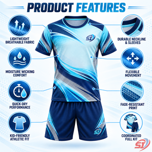 Ensemble de football personnalisé pour enfants, maillot et short Arctic Wave, sublimé, col en V, sans manches, séchage rapide, respirant, uniforme pour jeunes, 100% polyester - Product Image 6