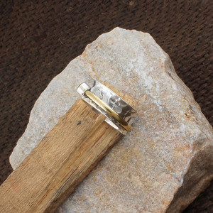 Natural Bezel Setting Two-Tone Gold Accent Meditation Anxiety Fidget <b>Spinner</b> <b>Ring</b> 925 Sterling Silver Hammered Band Unisex - Product Image 6