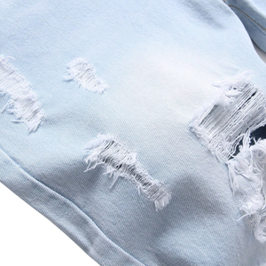 Shorts en jean déchirés et délavés pour homme, coupe droite, en coton, bleu clair, respirant, séchage rapide, style vintage, pour l'été - Product Image 6