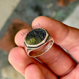 Raw Moldavite Gemstone <b>Ring</b> for <b>Men</b> | Certified Natural Tektite in <b>Silver</b> | Boho Statement Jewelry Unique Gift Idea | 2026 - Product Image 5