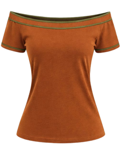 Camiseta Azul Claro para Mujer, con Hombros Descubiertos, Ribete de Rayas Rosadas en Contraste, Manga Corta, Corte Ajustado, Informal, Verano, Fabricante Personalizado - Product Image 1