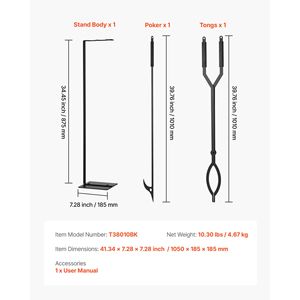 Set di 3 Utensili per Caminetto in Ferro Battuto con Supporto, Include Paletta e Pinze, Set di Accessori per Caminetto - Product Image 4