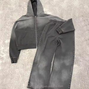 Men's Gray <b>Hooded</b> <b>Zip</b>-Up Sweatshirt Stonewashed Cotton French Terry Casual Regular Fit With Studs Detail Autumn Wear - Product Image 2