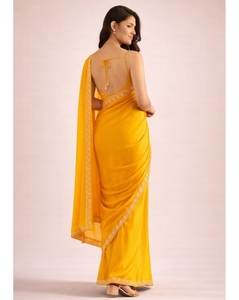 Sari KV para mujer, amarillo, de georgette, con borde adornado, listo para usar, con blusa sin coser - Product Image 2