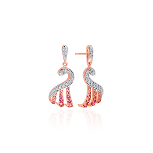 Premium Rose Gold Peacock Inspired <b>Dangle</b> <b>Earrings</b> with White and Pink Stone Studded Curved Design Luxury Jewelry for Women - Product Image 2