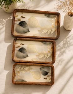 Single Wooden Rectangle <b>Storage</b> <b>Trays</b> with Leaf Design Polished Finish Kitchen Dishwasher Safe for Table Use - Product Image 4