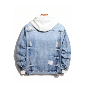 100% qualité d'exportation noir coton bouton avant plaine déchiré Denim veste poches à rabat manches longues col à capuche-décontracté hiver - Product Image 5