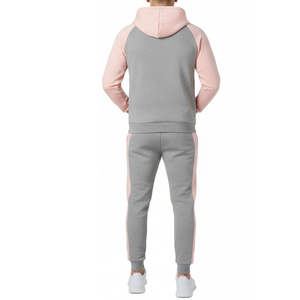 ชุดวอร์มผู้ชายสองสีแบบขายส่ง - ชุดกีฬาสีเทา/ชมพูพร้อมโลโก้สั่งทำ - ชุดฝึกซ้อมกีฬาพร้อมกางเกงแถบข้างตัดสี - Product Image 2