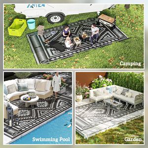 Tappeto da esterno reversibile nero e grigio impermeabile in plastica con borsa da trasporto 9X18 'quadrato Patchwork Design - Product Image 5