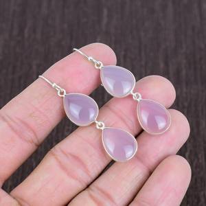 Boucles d'oreilles en calcédoine rose, argent sterling, style bohème, faites à la main, pierres précieuses, cadeau unique pour femme - Product Image 5