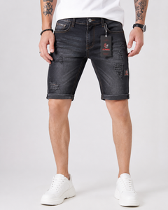 Shorts Bermuda Homme FLY Hunnle en Toile Déchirée, Taille Mi-Haute, Style Décontracté, Tissu Coton Noir Délavé, Séchage Rapide, Respirant, Étiquette de Marque - Product Image 1