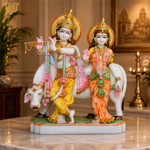 Marble Radha Krishna with Cow Statue | Radha Krishna Marble Murti | Hand Painted White Marble Krishna Radha Idol | MALIYAS Jaipu - Product Image 4