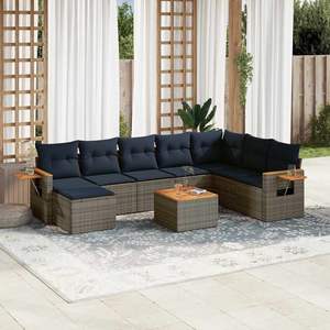 Set di divani da giardino in polyrattan grigio da 9 pezzi con cuscini, mobili da giardino esclusivi negli Stati Uniti - Product Image 1