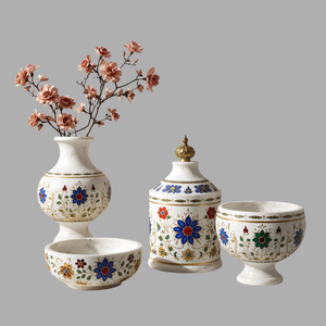 Bol de service floral personnalisé en marbre blanc avec motif floral sculpté pour servir des aliments, de la soupe et des fruits - Vaisselle de cuisine - Product Image 1