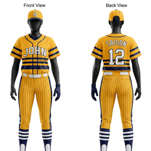 Ensemble d'uniformes de baseball pour femmes en polyester 180 GSM de qualité supérieure, jaune marine à rayures, design à panneaux, sublimation, logo personnalisé, tenue d'équipe - Product Image 1