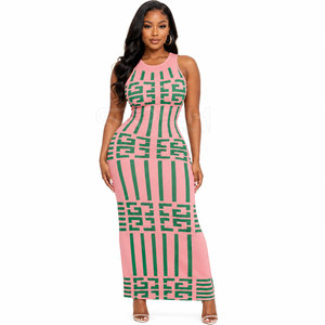 Vestido Largo Ajustado de Punto sin Mangas con Estampado Geométrico Rosa y Verde de la Hermandad de la Hermandad Femenina Cosh International, Elegante Cárdigan - Product Image 1