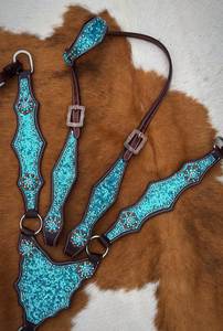 Western English Saddle Leather Bridle Headstall Breast Collar Horse Tack <b>Set</b> Crystal Studs Cross Horse Riding Accessories - Product Image 2