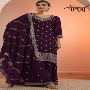 ชุดสูทซัลวาร์ผ้าไหมจอร์เจียต์คุณภาพดีเยี่ยม พร้อมด้วยดิ้นปักลายดิ้นซารีขนาด 3 มม. แบบกึ่งสำเร็จรูป จำหน่ายราคาส่ง - Product Image 1