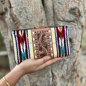 Aztec Saddle Blanket Leather Clutch Handtooled Gamble Carving Mujeres Clutch Bifold Wallet Western Style Wallet - Product Image 4
