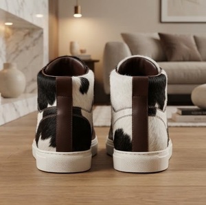 Baskets montantes en cuir véritable à imprimé vache, bout rond, à lacets, doublure en peluche, semelle extérieure en caoutchouc amorti, semelle intermédiaire en EVA, toutes saisons - Product Image 4