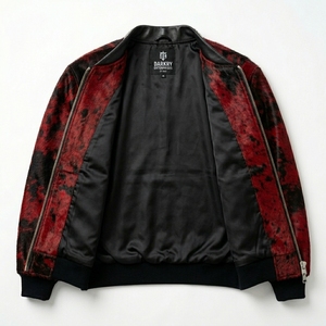 Chaqueta de Cuero Genuino de Pelo de Vaca para Hombre, Estilo Bomber con Estampado Rojo y Negro, Cuello con Tachuelas, Estilo Punk Rock, Venta al por Mayor - Product Image 3