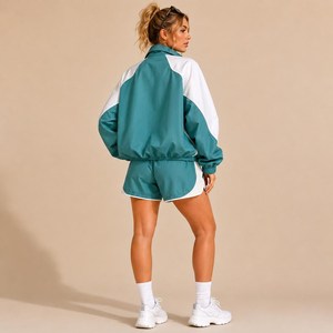 Ensemble veste coupe-vent et short pour femme, bleu sarcelle et blanc, vêtements de sport légers, tenue de sport décontractée - Product Image 2