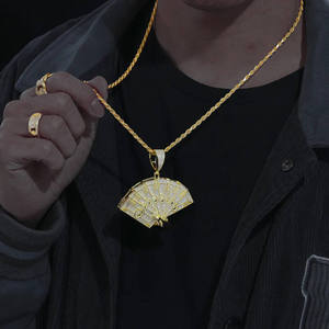 Pendentif Hip Hop Micro-Pavé en Or Plaqué pour Femme, Motif Éventail en Zircon, Ensemble de Bijoux Classiques et Élégants, Vente par Lot de Douze Pièces - Product Image 2