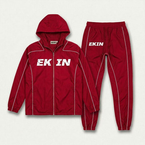 Ensemble de survêtement à capuche pour homme Ekin, veste coupe-vent sportive rouge et pantalon de jogging avec logo blanc imprimé, vêtements d'automne - Product Image 1