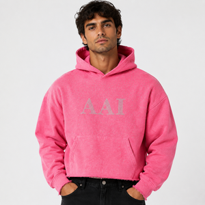 Sudadera con capucha personalizada de marca privada con pedrería, unisex, de algodón grueso de 450 GSM, forro polar, estilo cropped, desgastada, rosa, al por mayor - Product Image 1