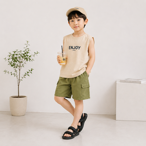 Korean Style Boys Wide Leg Khaki Shorts 100% Cotton Twill Woven Lightweight <b>Elastic</b> Waist Summer Children's Wear - Product Image 1