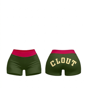 Shorts de sport en nylon et élasthanne extensibles 240 GSM, résistants aux squats, avec ceinture verte et rose, logo imprimé, pour femmes - Product Image 1