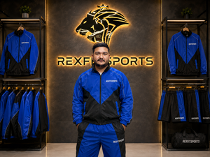 REXFIT SPORTS 2026 Custom <b>Men</b>’s Blue Black Color Block Tracksuit Full Zip Sports <b>Jacket</b> and Jogger Pants Set Private Label - Product Image 3