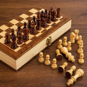 Jeu d'échecs pliable en bois Calvin Handicrafts 12" x 12" |   Échiquier vintage poli fait main avec rangement |   Classique 2 joueurs - Product Image 1