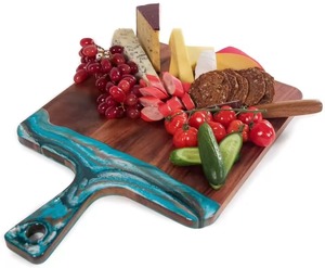Wooden Resin Cheese Board Rectangle Handle Blue <b>Acrylic</b> Design Chopping <b>Block</b> With Knife Slot - Product Image 1
