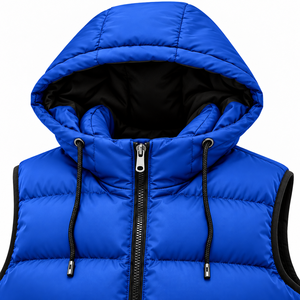 Gilet matelassé à capuche bleu pour homme, coupe régulière, sans manches, fermeture éclair, extérieur en polyester, marque SOMBRERO SPORTS - Product Image 3