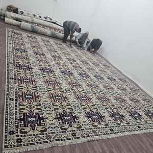 Tapis en laine noué à la main, tapis à motifs géométriques tribaux, tapis traditionnel crème bleu marron, décoration pour salon, chambre à coucher, maison - Product Image 3