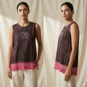 Kurti court en coton pour femme, sans manches, imprimé, tunique décontractée ethnique avec ourlet en dentelle décorative pour l'été, mode indienne - Product Image 6