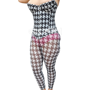 Ensemble corset overbust à imprimé pied-de-poule noir et blanc pour femme avec leggings taille haute en maille transparente - Product Image 3