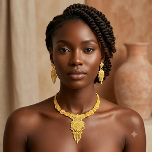 Conjunto de Collar y Pendientes de Latón Chapado en Oro de 24K con Diseño de Flor Africana, Joyería de Moda para Mujer con Cadena de Caja - Product Image 4